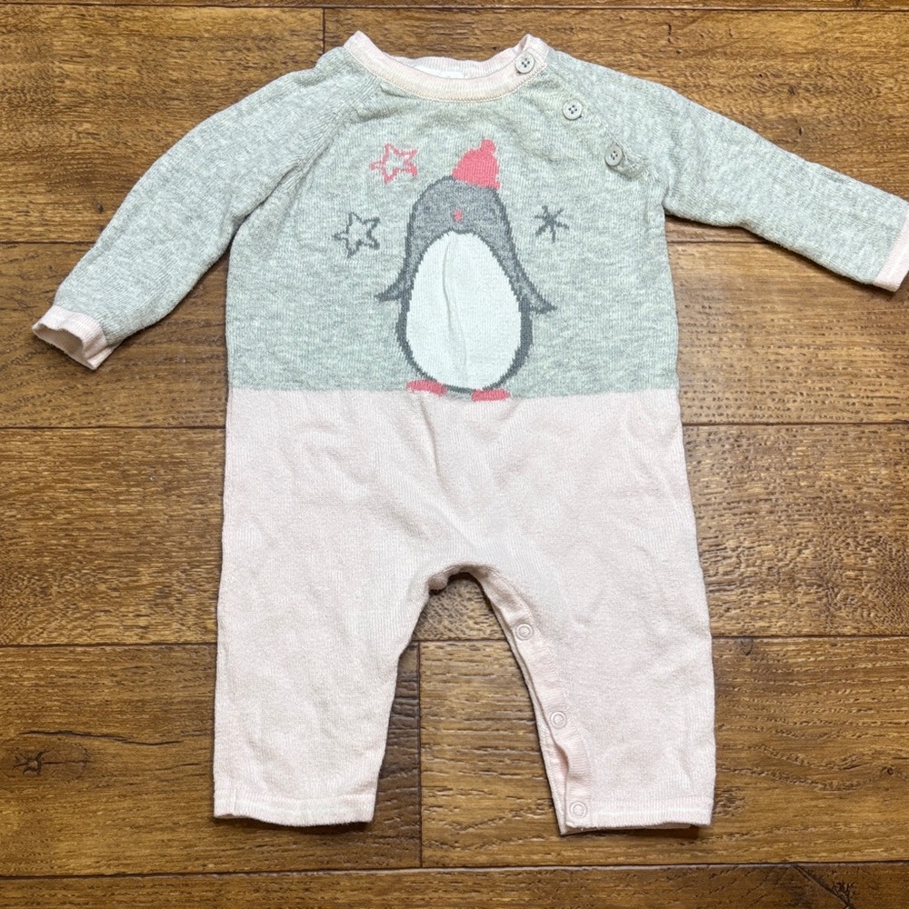 Angel Dear 100% Cotton Size 0-3mo Baby Girl Sweater Long Romper Penguin Pink